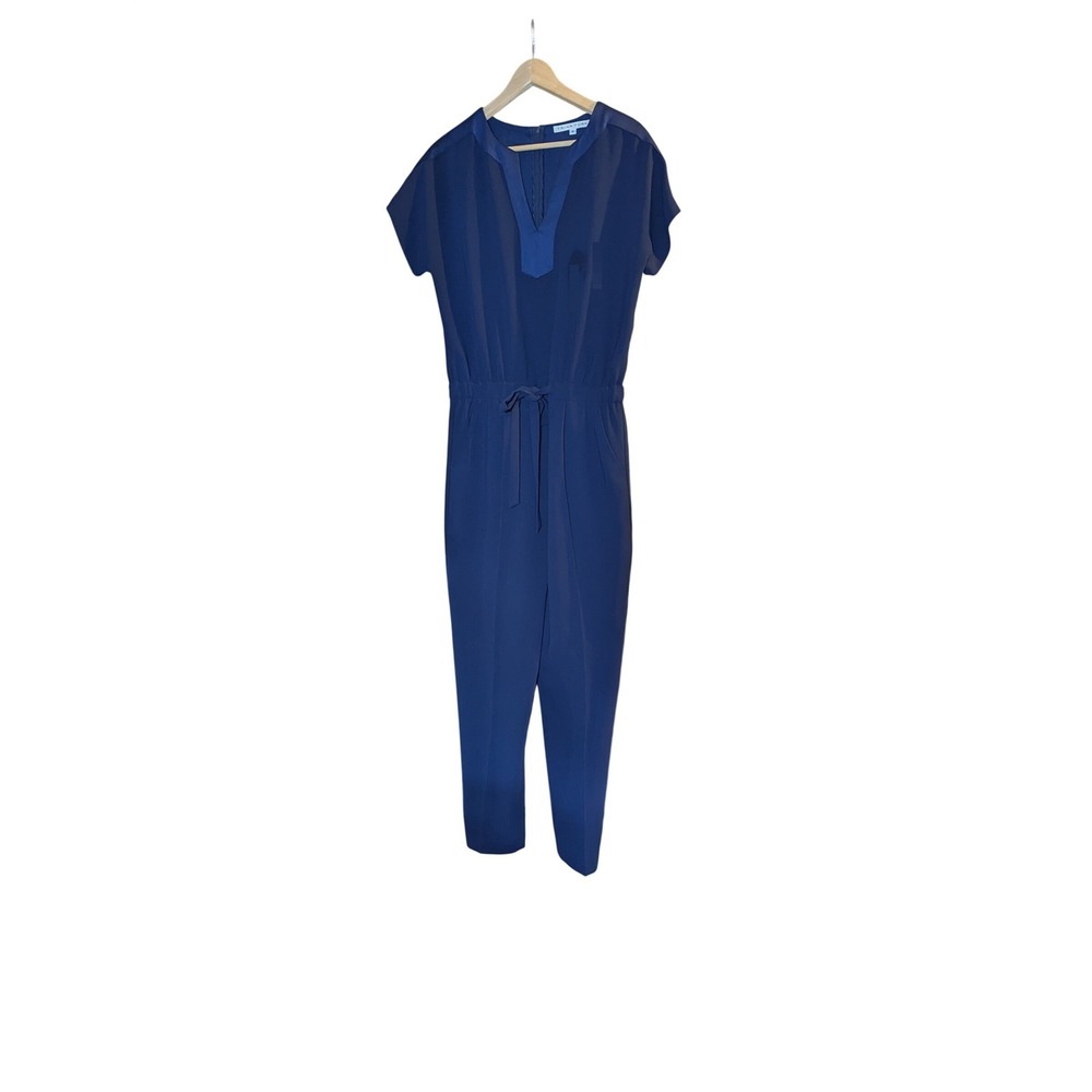 Trina Turk Navy Jumpsuit Womens Tie Waist Short Sleeve Tapered Leg Made in USA